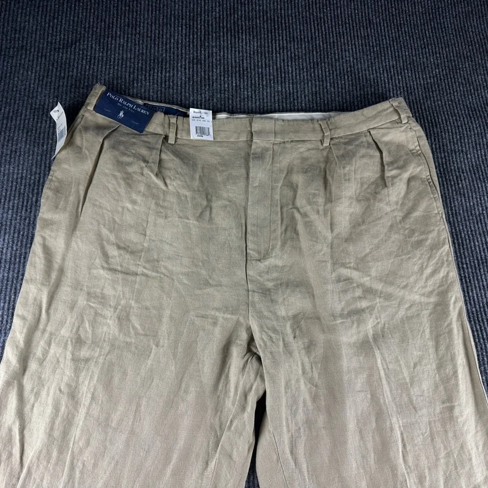 Polo Ralph Lauren Men 44x36 Tan 100% Linen Pleated Cuffed Dress Pants Big & Tall